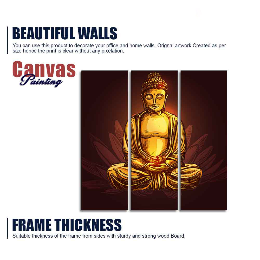 God Gautam Buddha Canvas Wall Painting of 3 Pieces