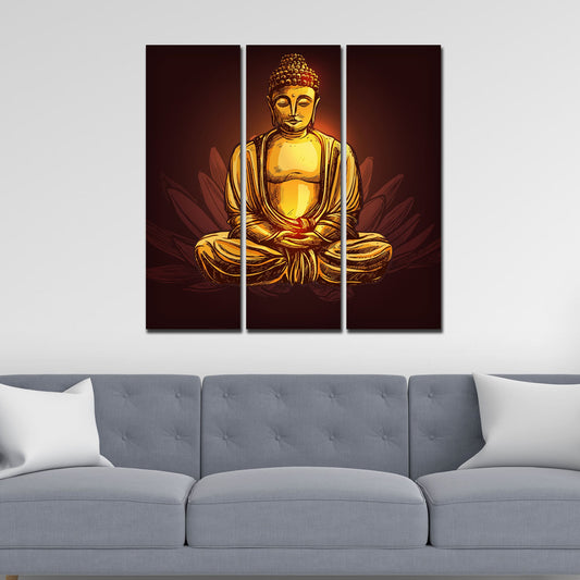 God Gautam Buddha Canvas Wall Painting of 3 Pieces