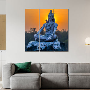 God Shiva Statue Canvas Wall Painting of Three Pieces