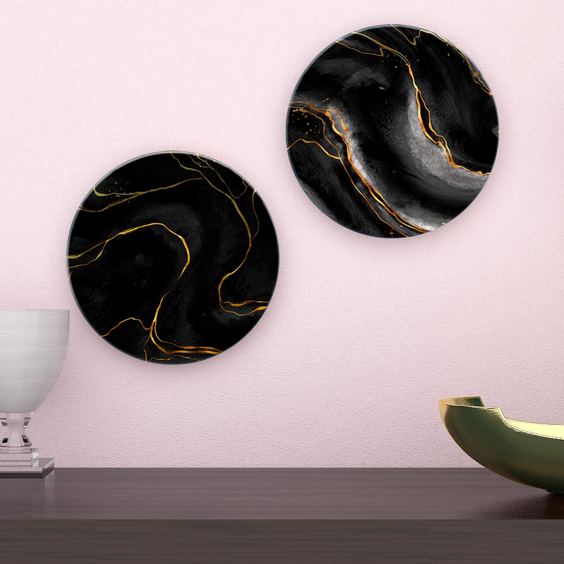 Gold & Black Texture Ceramic Wall Hanging Plates of Two Pieces