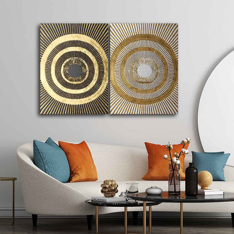 Golden 3D Pattern Canvas Wall Painting of Two Pieces