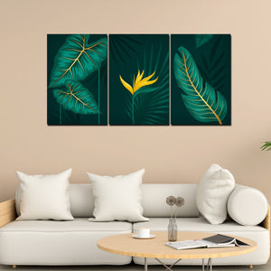 Golden Botanical Leaves and Flower Wall Painting of 3 Pieces