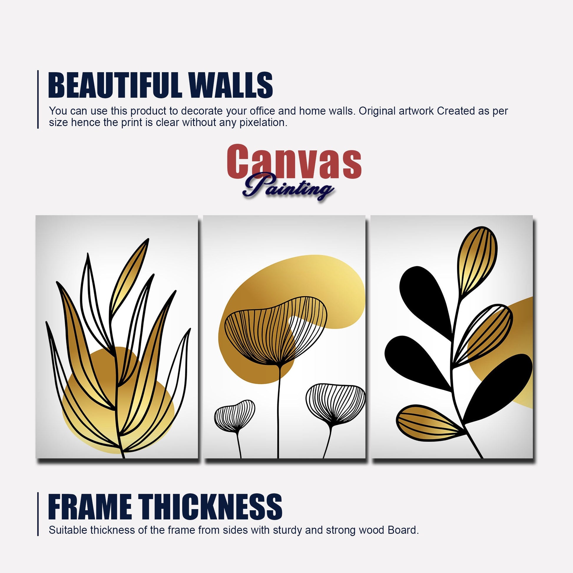 Golden Botanical Line Art Canvas Wall Painting 3 Pieces