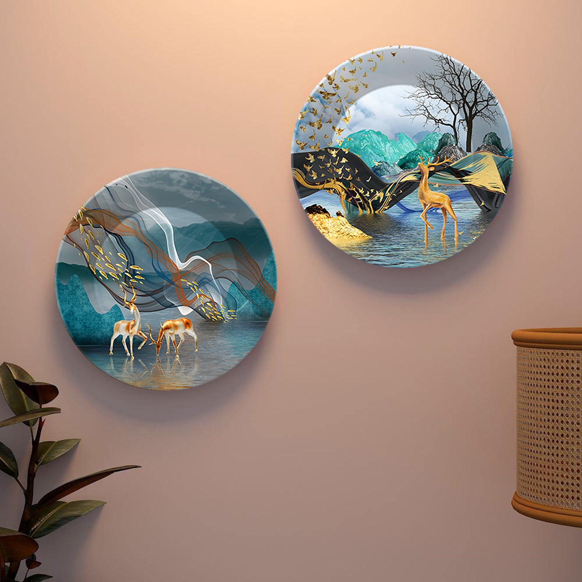 Golden Deer Ceramic Wall Hanging Plates of Two Pieces