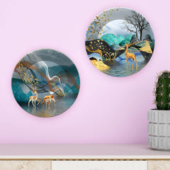 Golden Deer Ceramic Wall Hanging Plates of Two Pieces