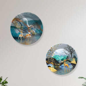 Golden Deer Ceramic Wall Hanging Plates of Two Pieces