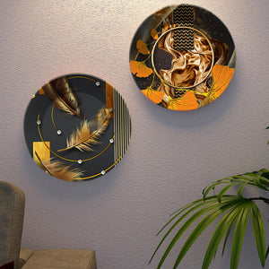 Golden Feather Ceramic Wall Hanging Plates Set of Two