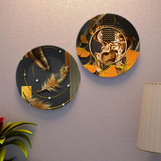 Golden Feather Ceramic Wall Hanging Plates Set of Two