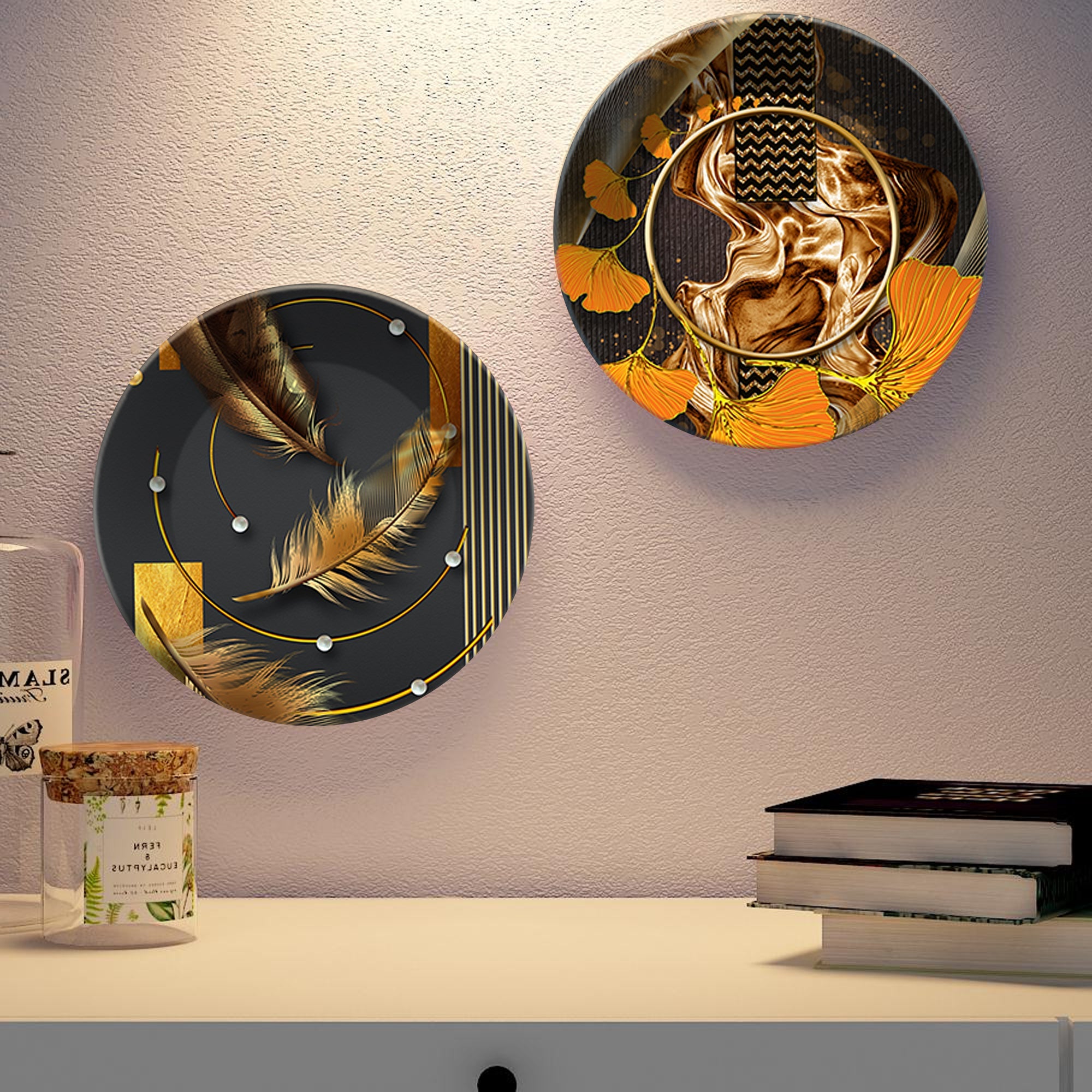 Golden Feather Ceramic Wall Hanging Plates Set of Two