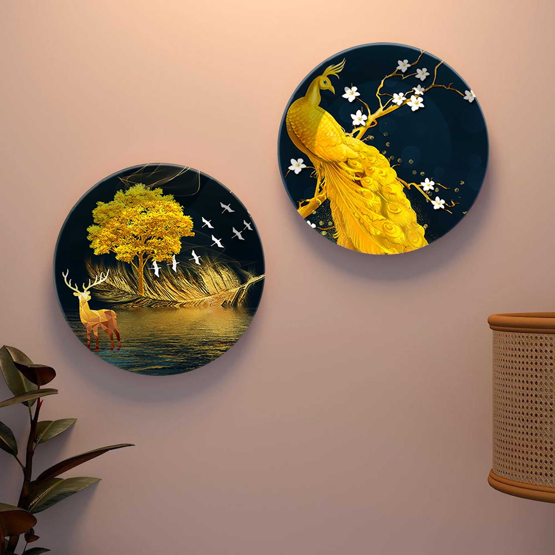 Golden Peacock & Deer Ceramic Wall Hanging Plates of Two Pieces