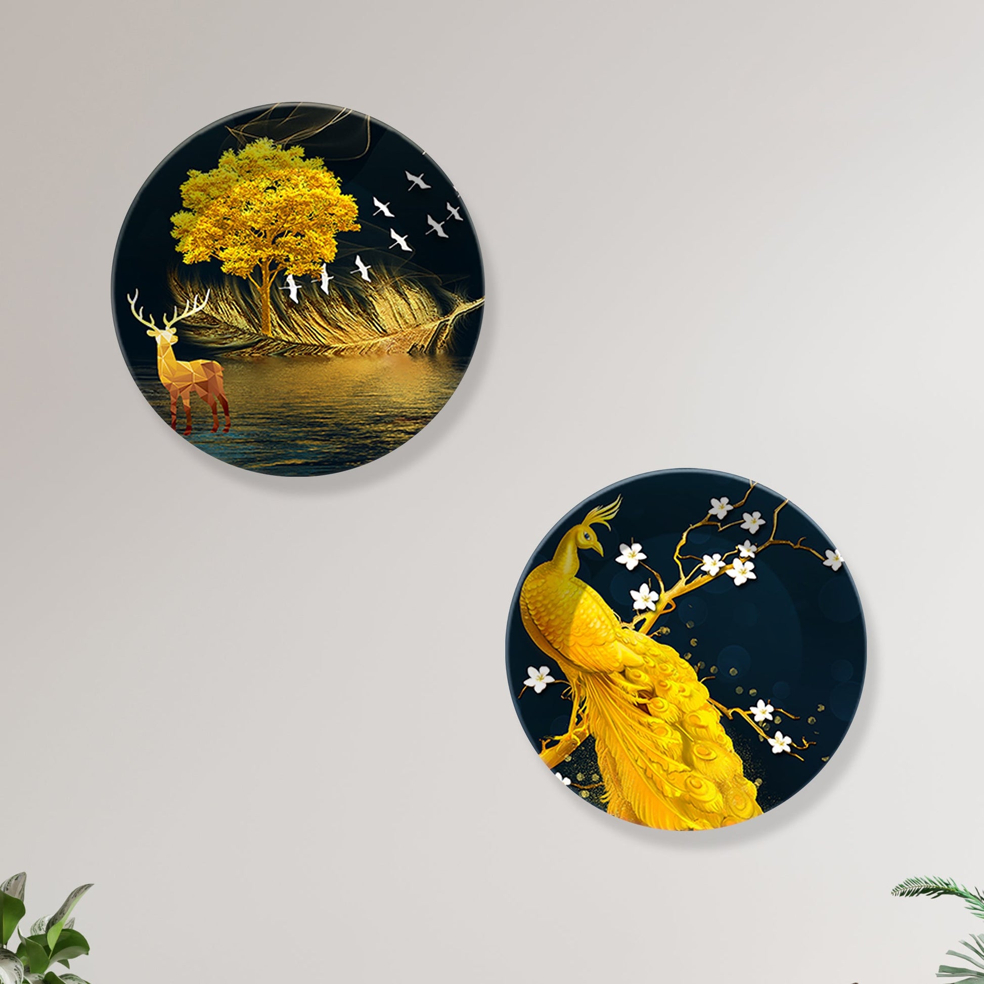 Golden Peacock & Deer Ceramic Wall Hanging Plates of Two Pieces