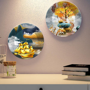 Golden Ship and Tree Ceramic Wall Hanging Plates of Two Pieces