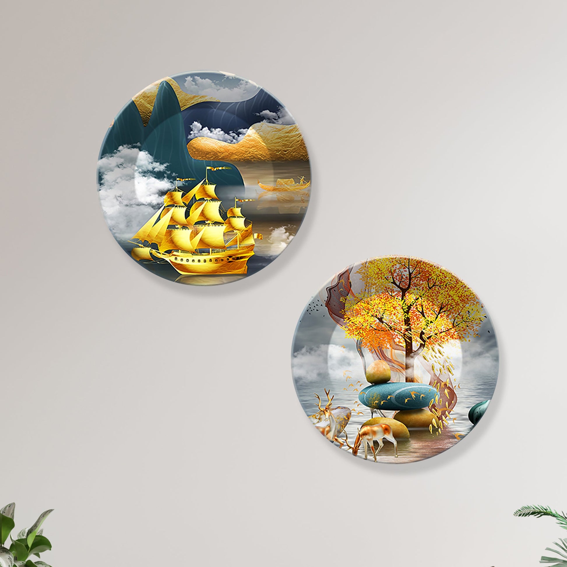 Golden Ship and Tree Ceramic Wall Hanging Plates of Two Pieces