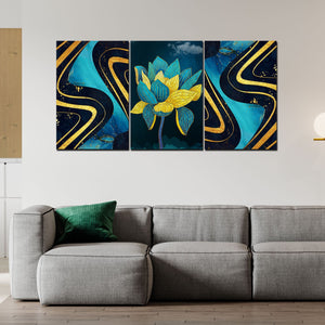 Golden Textures and Turquoise Flowers Wall Painting of 3 Pieces