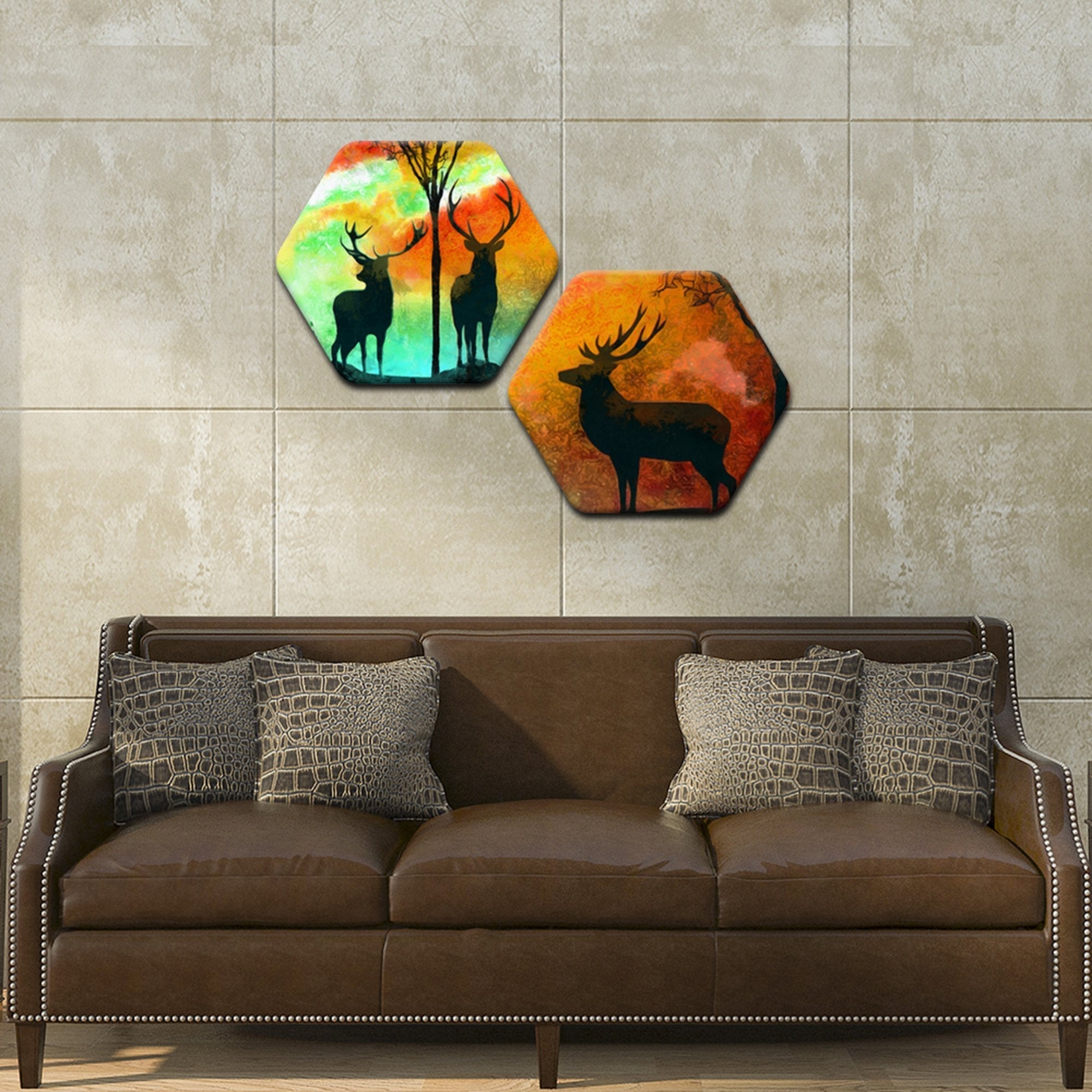 Hexagon Wall Painting of Silhouette Deer in Colorful Background