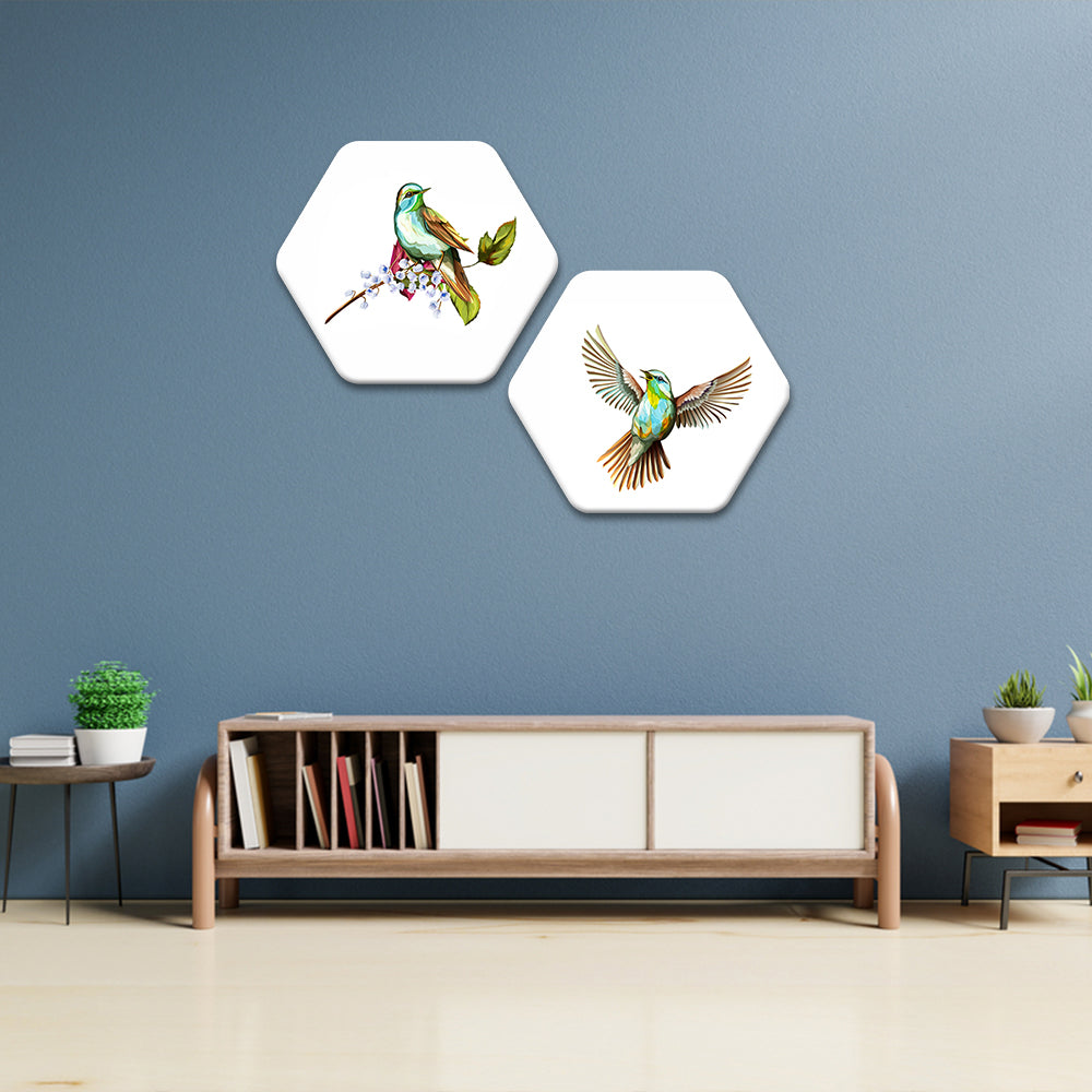 Beautiful Birds Premium Hexagon Wall Painting Set of 2 - Vibecrafts