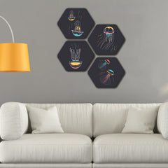 Premium 4 Pieces Hexagon Painting of Jellyfish