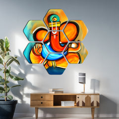 Premium Lord Ganesha 7 Pieces Hexagon Wall Painting