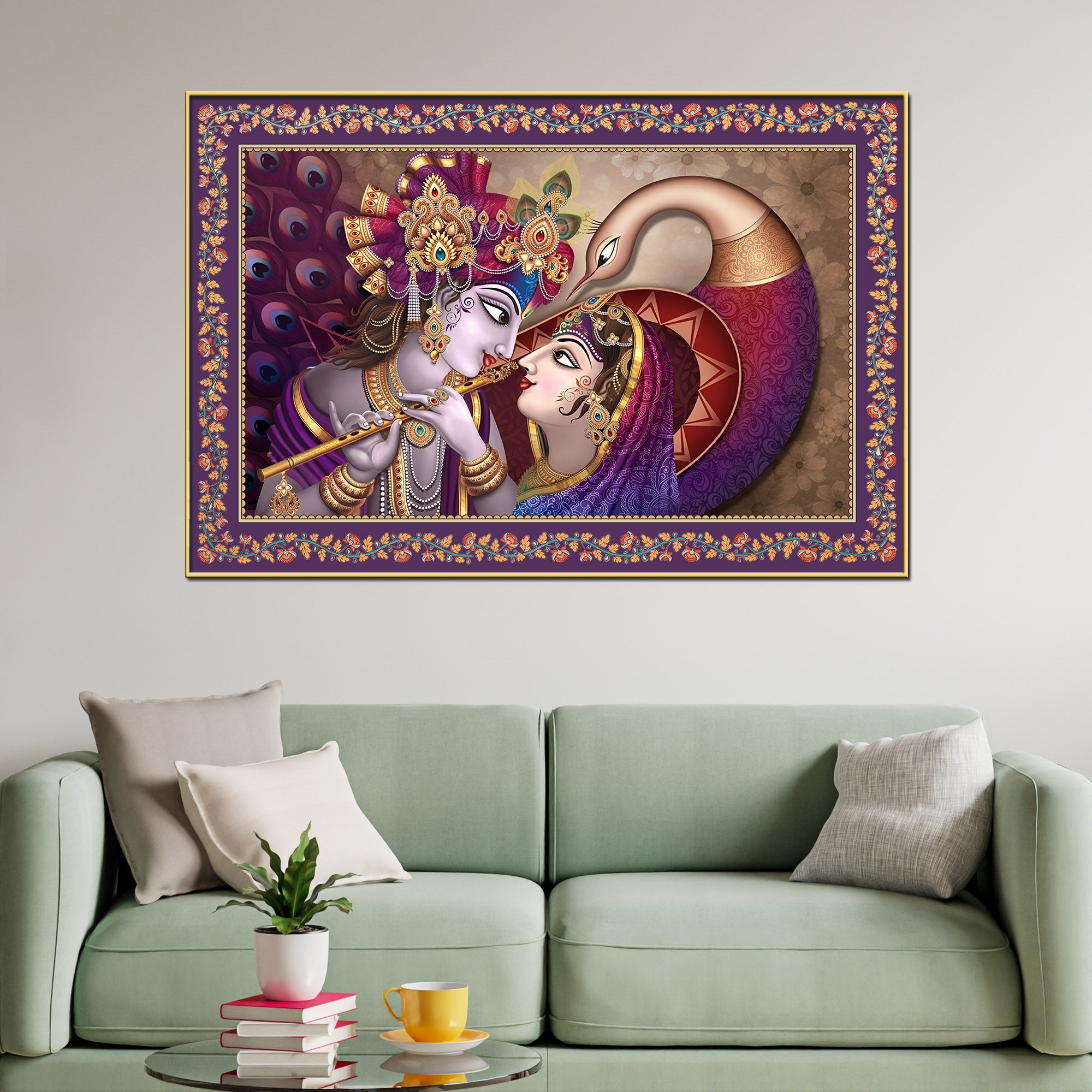 Krishna Radha with Peacock Floral Border Canvas Wall Painting