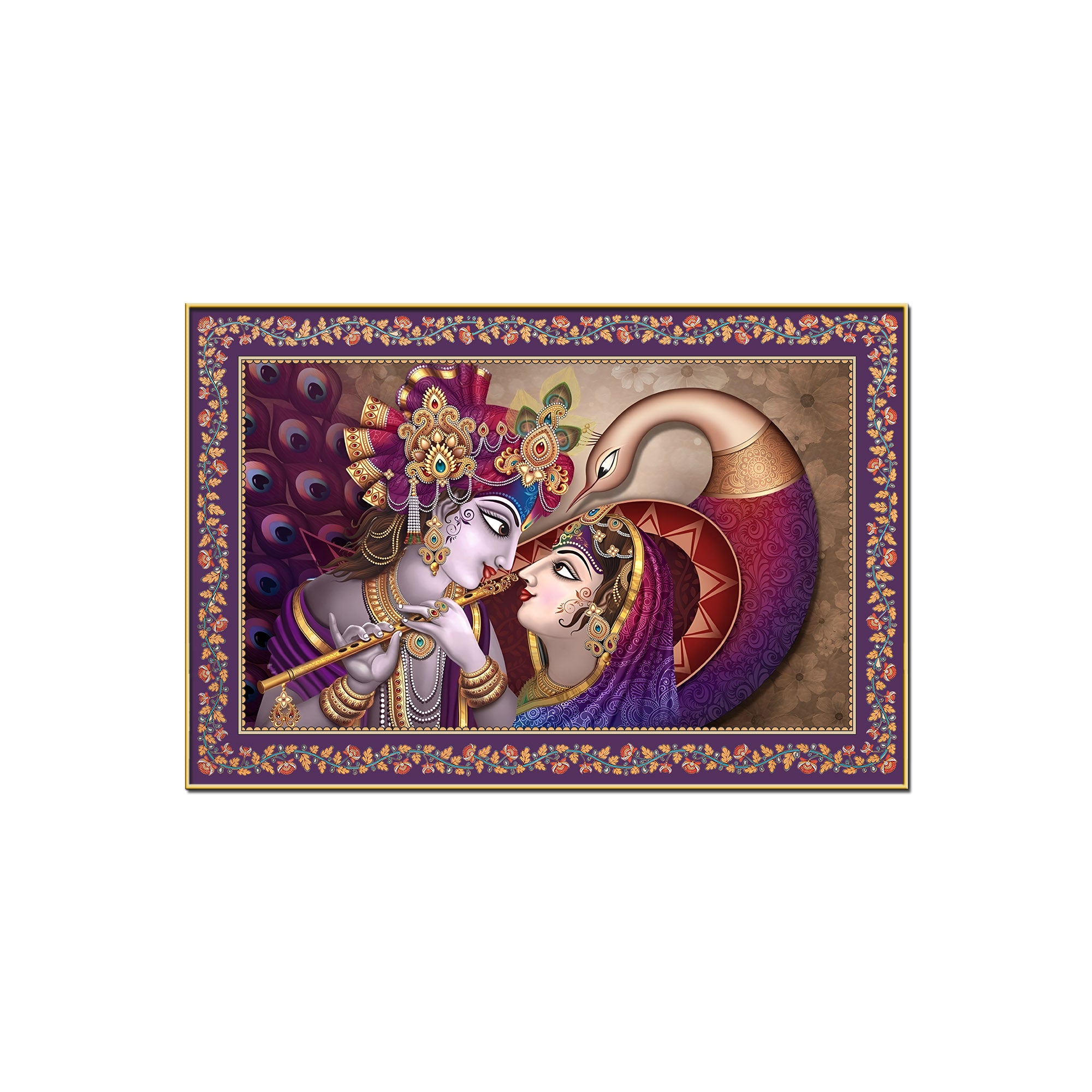Krishna Radha with Peacock Floral Border Canvas Wall Painting