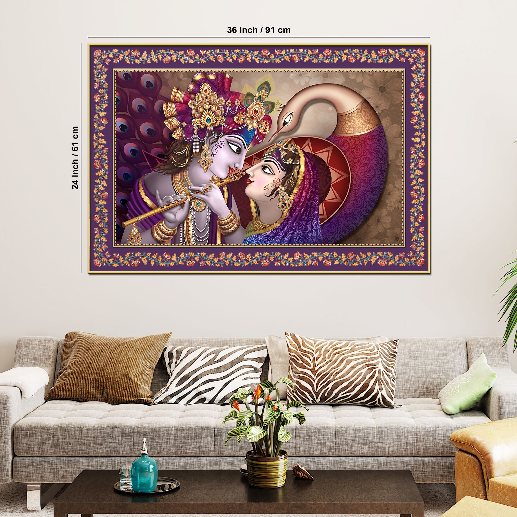 Krishna Radha with Peacock Floral Border Canvas Wall Painting