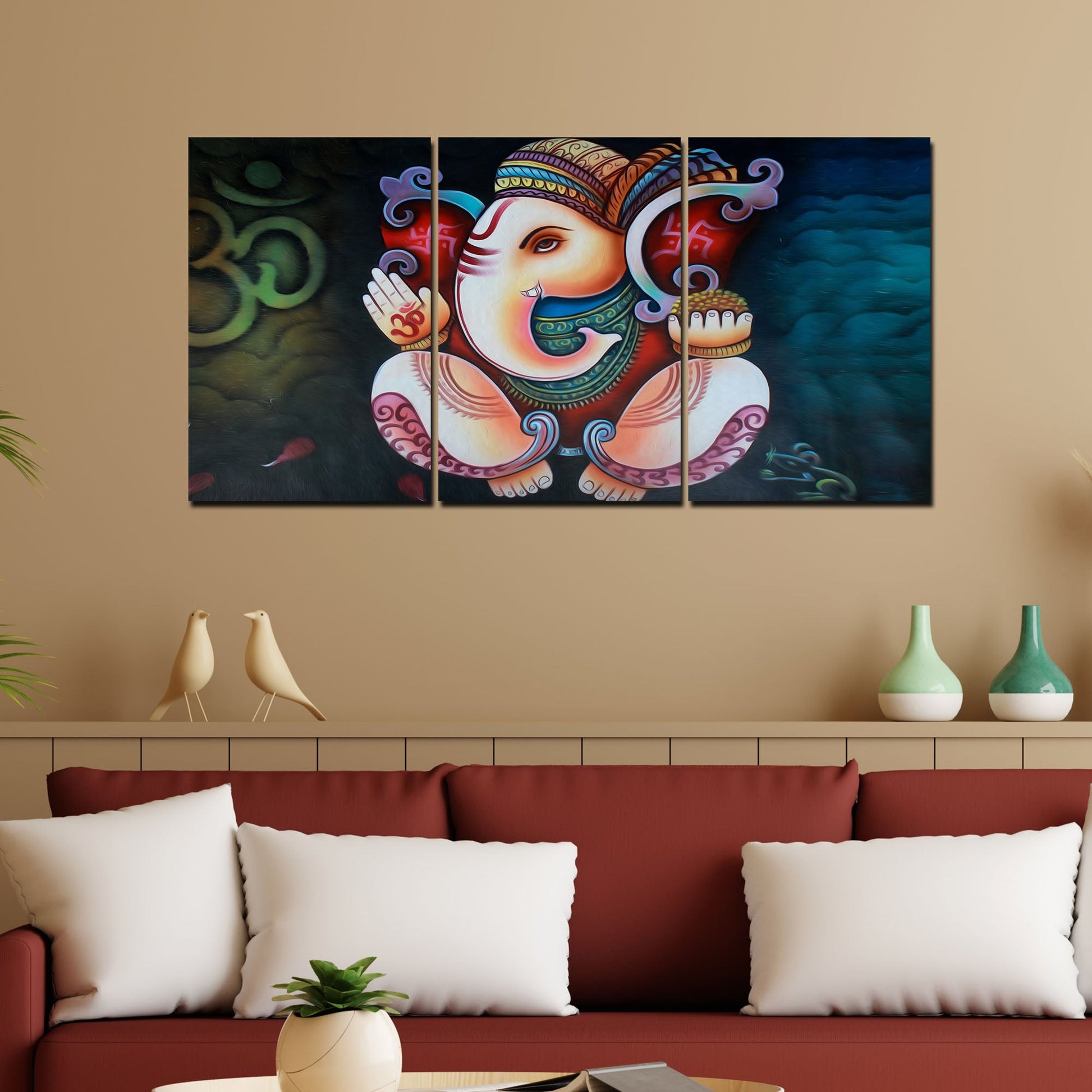 Hindu Lord Ganesha 3 Pieces Canvas Wall Painting