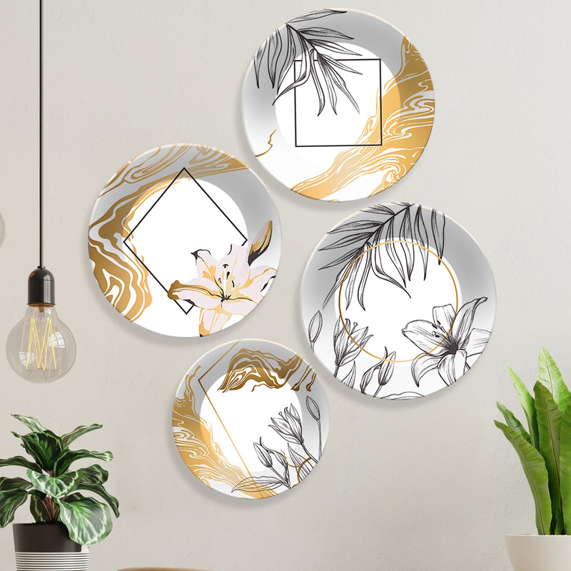 Line Art Flower Ceramic Wall Plates Painting Set of Four