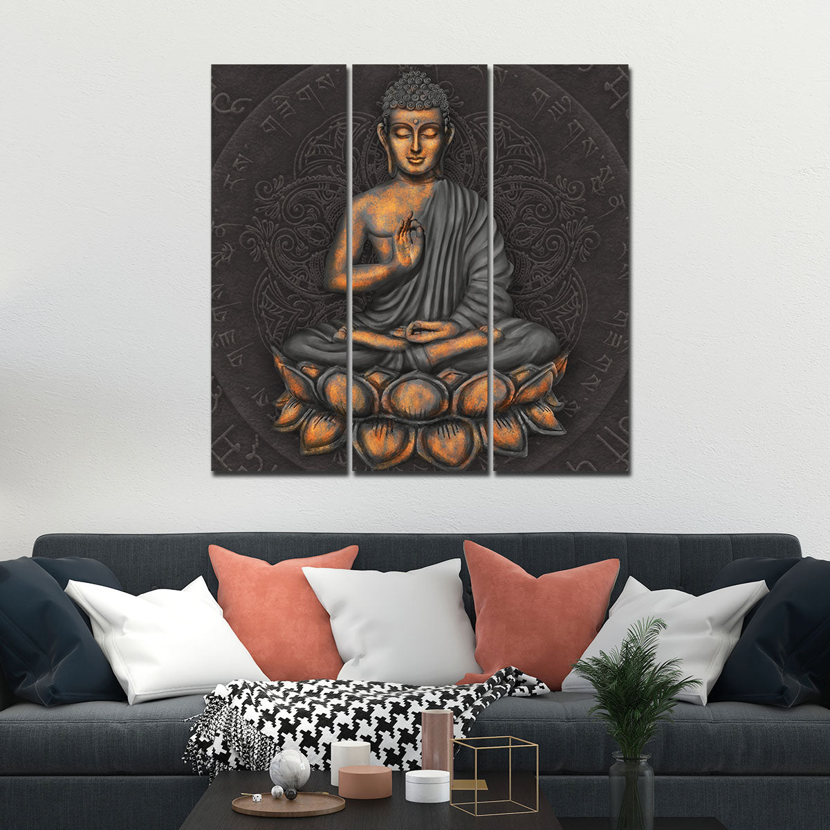 Lord Buddha Sitting on Lotus Wall Painting Three Pieces