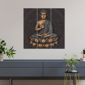 Lord Buddha Sitting on Lotus Wall Painting Three Pieces