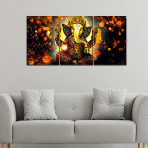 Lord Ganesha Canvas Wall Painting of 3 Pieces