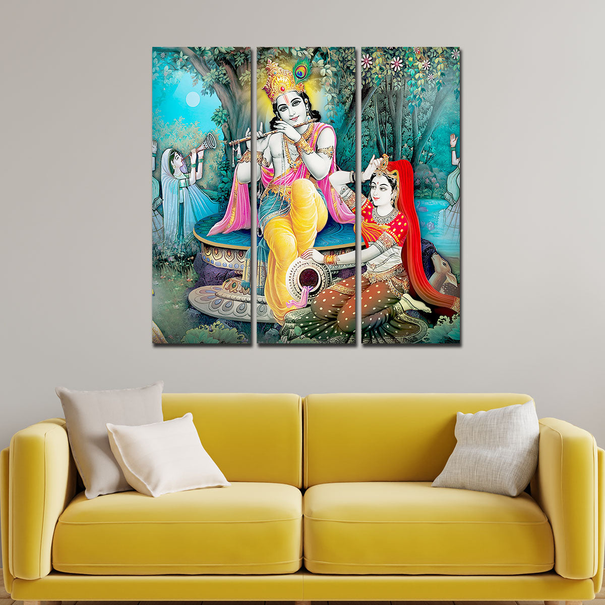 Lord Krishna in Vrindavan Canvas Wall Painting Set of Three