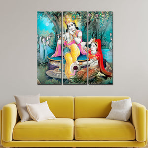 Lord Krishna in Vrindavan Canvas Wall Painting Set of Three