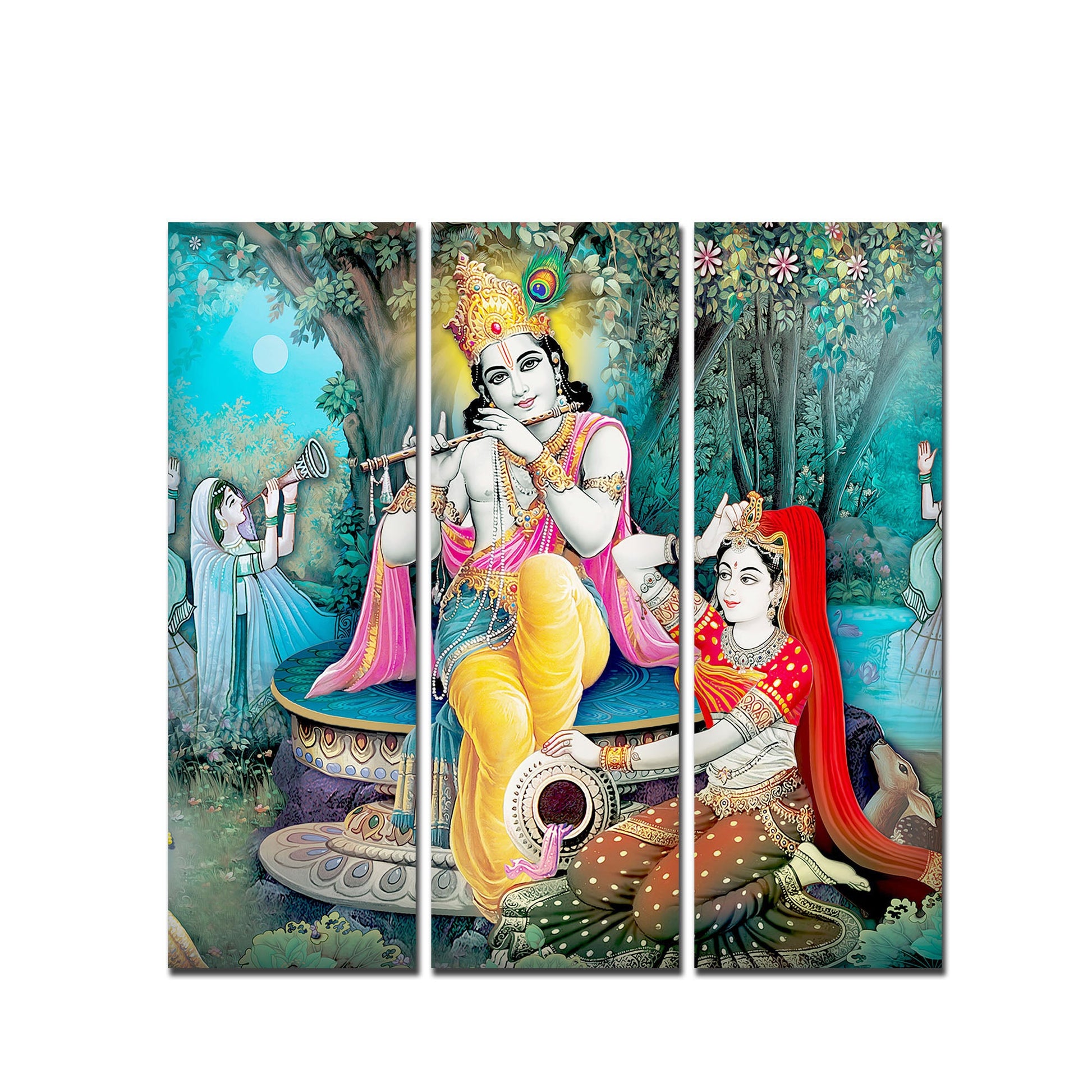 Lord Krishna in Vrindavan Canvas Wall Painting Set of Three