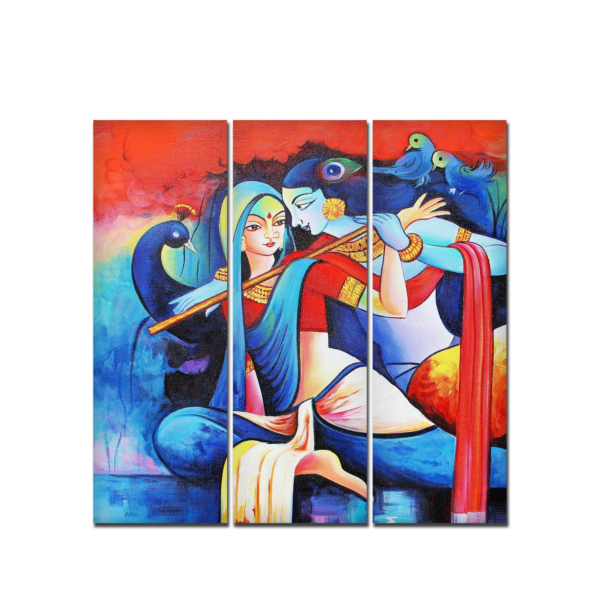 Lord Radha Krishan Playing Flute Canvas Wall Painting 3 Panel Set