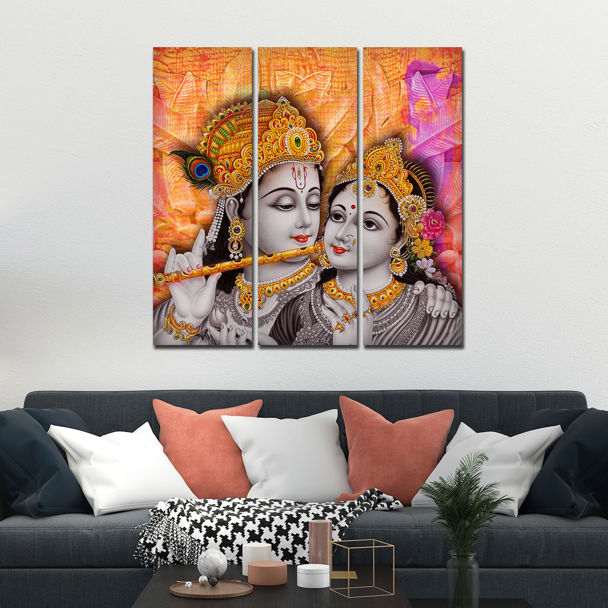 Lord Radha Krishna Playing Flute Canvas Wall Painting 3 Panel Set