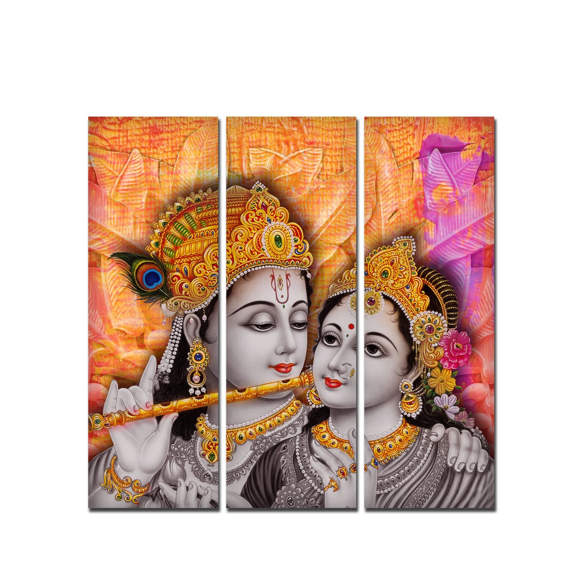 Lord Radha Krishna Playing Flute Canvas Wall Painting 3 Panel Set