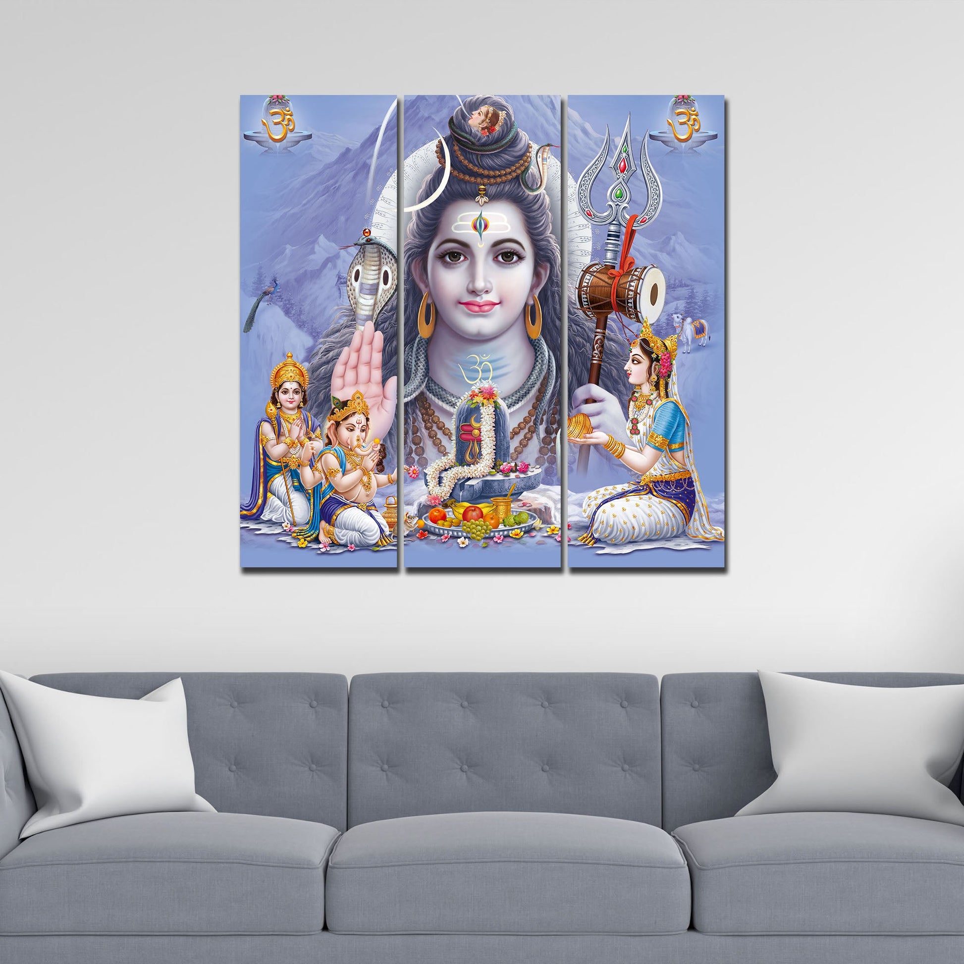 Lord Shiva with Family Canvas Wall Painting of Three Pieces