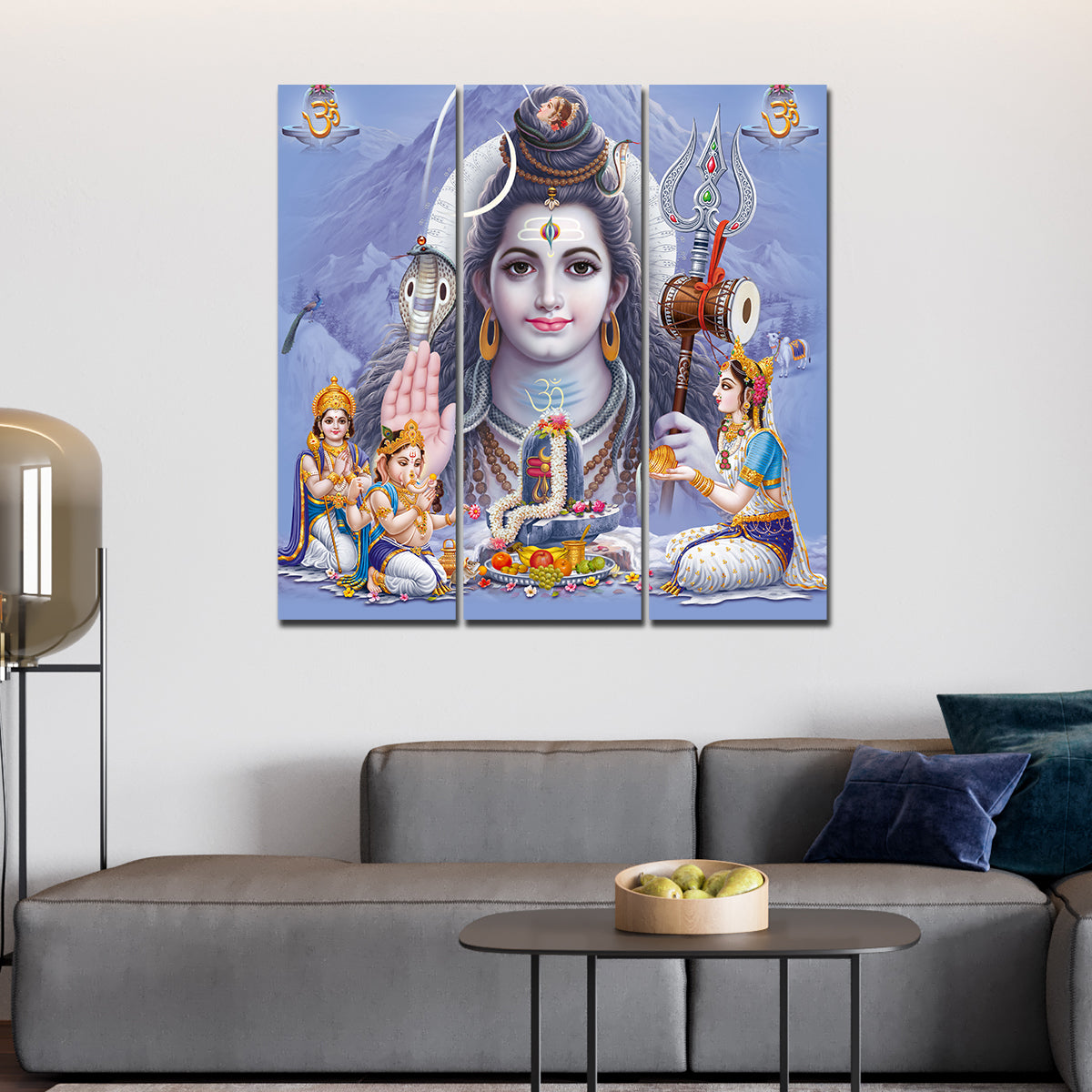 Lord Shiva with Family Canvas Wall Painting of Three Pieces