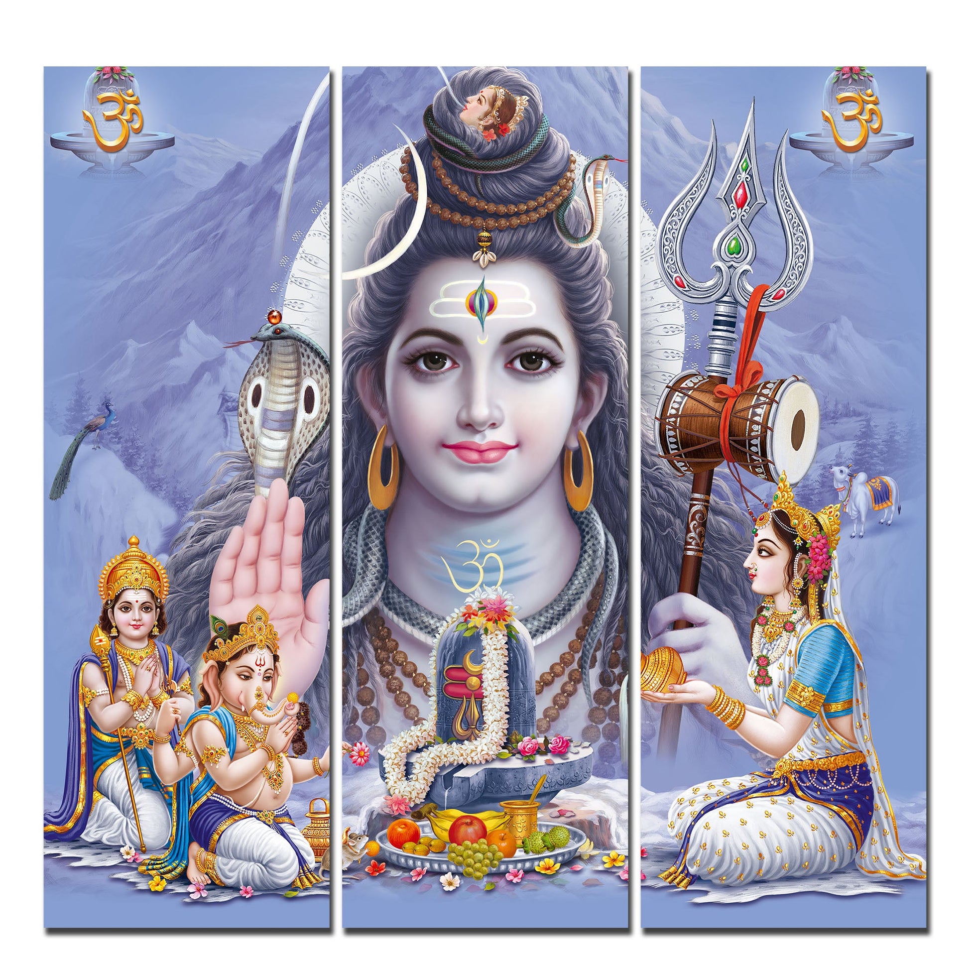 Lord Shiva with Family Canvas Wall Painting of Three Pieces