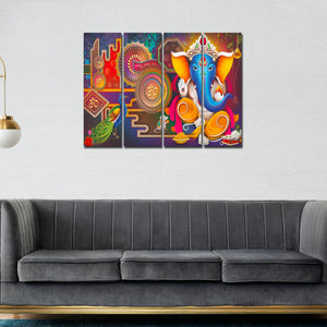 Lord Ganesha Canvas Wall Painting of 4 Pieces