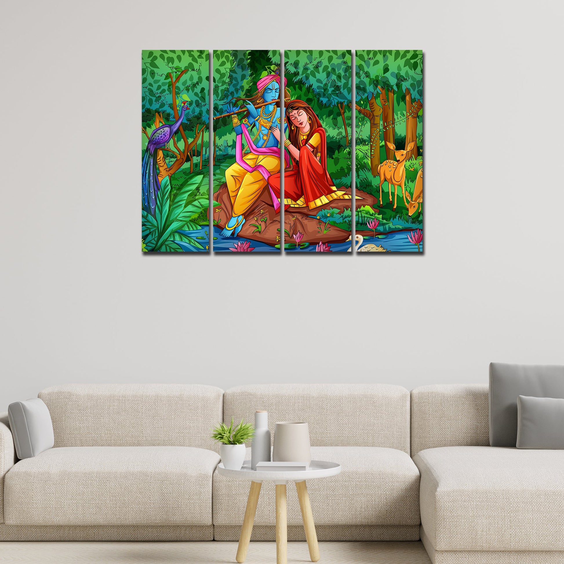 Lord Radha Krishna in Forest Wall Painting 4 Pieces