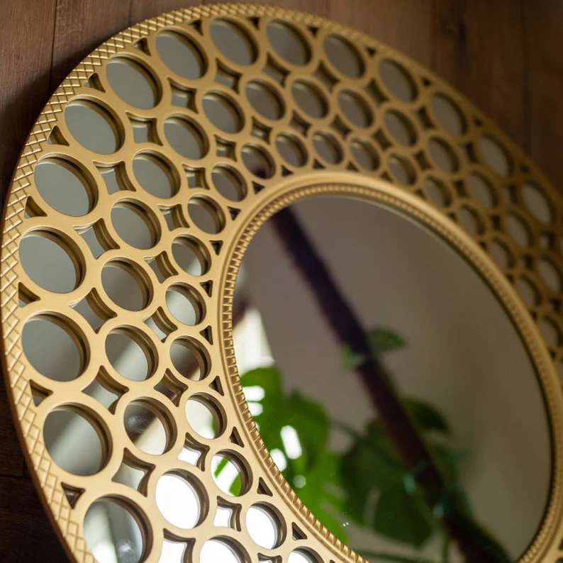 Luxury Gold Round Wall Mirror | Designer Cutout Frame Home Décor