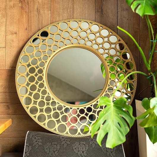 Luxury Gold Round Wall Mirror | Designer Cutout Frame Home Décor