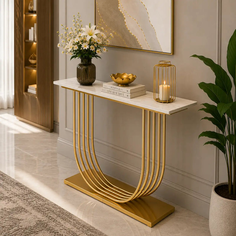 U-Shape White Marble Golden Console Table