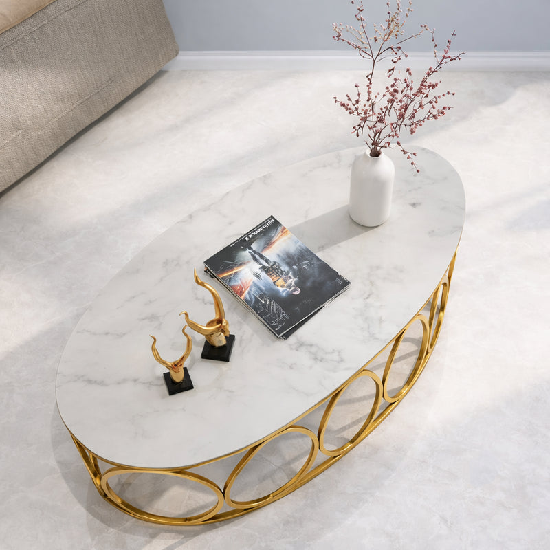 Oval Marble Top Center Table with Gold Frame