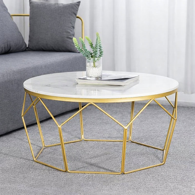 Round Marble Center Table with Geometric Gold Frame