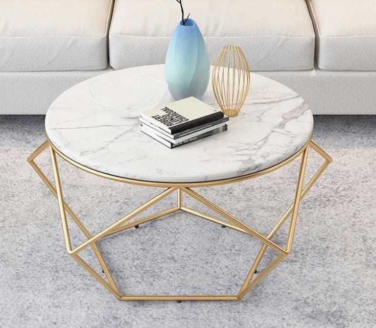 Round Marble Center Table with Geometric Gold Frame