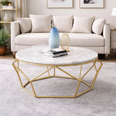 Round Marble Center Table with Geometric Gold Frame