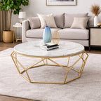 Round Marble Center Table with Geometric Gold Frame