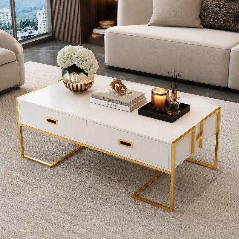 White Center Table with Four Drawers and Gold Base